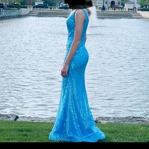 Light blue sequenced prom dress.